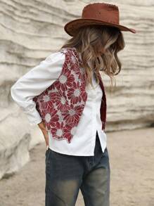 GENKIRA Chaleco/chaqueta de cuello redondo con decoración de bordado y bloques de color en un estilo elegante y aleatorio para el diario - Burdeos - Ver 7