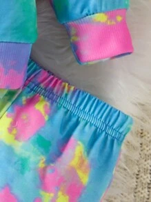 SHEIN 2pcs/Set Baby Girls' Casual Tie-Dye Letter Print Sweatsuit, Spring/Fall - Multicolor - View 3