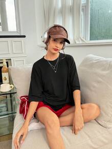 SHEIN EZwear Chất rắn Áo thun Thả vai - màu đen - Xem 7