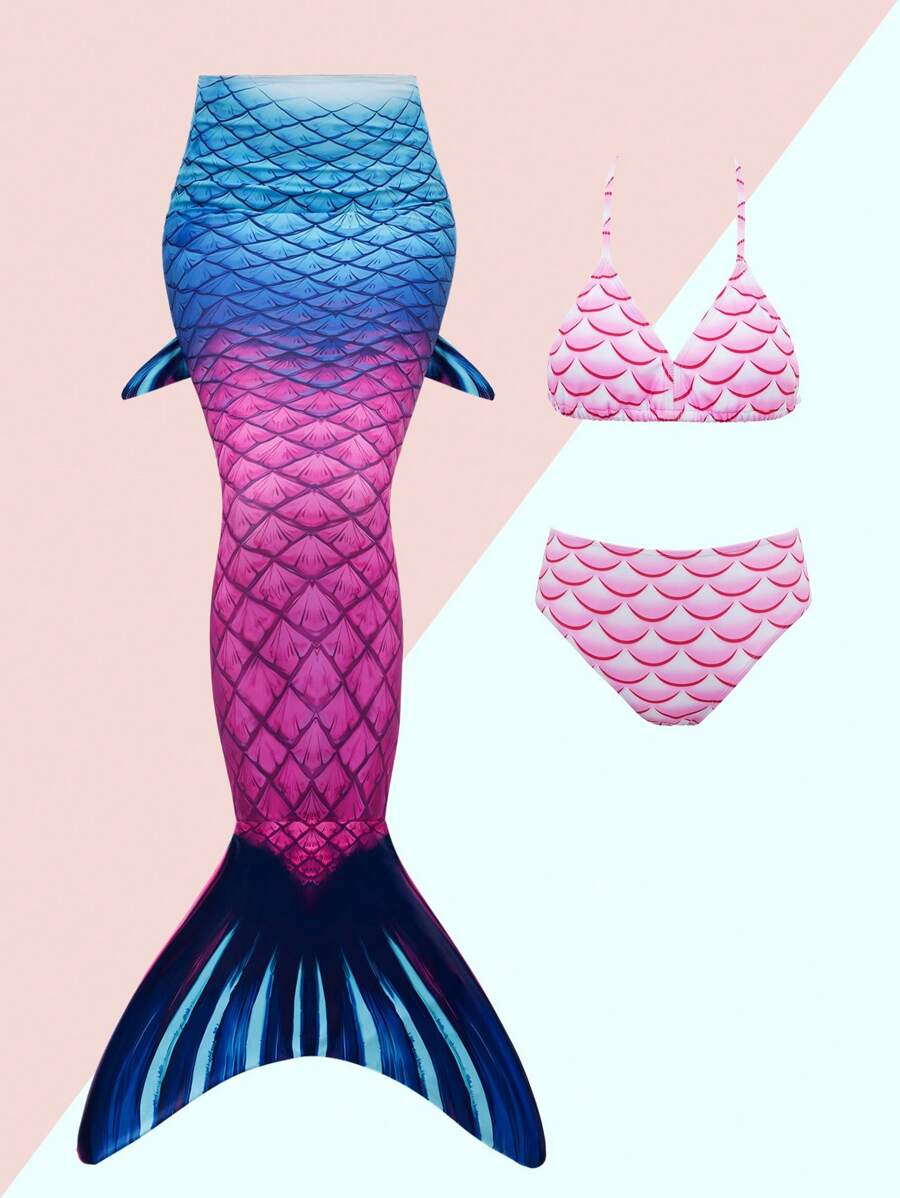 Tween Girls Mermaid Princess Bikini Swimwear - Blue - View 1