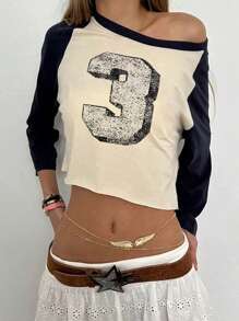 INAWLY Kaos Kasual Pendek Lengan Raglan Warna Kontras Motif Angka untuk Wanita Musim Semi/Panas - Krem - View 1