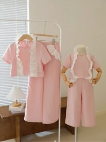 SHEIN 2pcs Tween Girls Casual Contrast Color Ruffle Collar Shirt & Ruffle Hem Pants Set