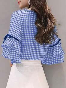 女士夏季格子圆领喇叭袖宽松休闲衬衫 - 藍白色 - 查看 2