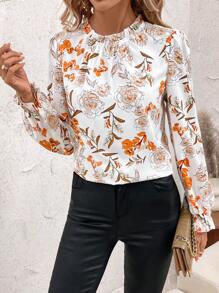 SHEIN Clasi 女式长袖花卉印花荷叶边衬衫，休闲日常秋季女式长袖上衣