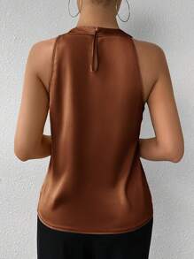 SHEIN Privé Áo cánh không tay xếp ly cổ bẻ màu sâm panh cho nữ đi làm, đơn giản thanh lịch - màu nâu - Xem 2