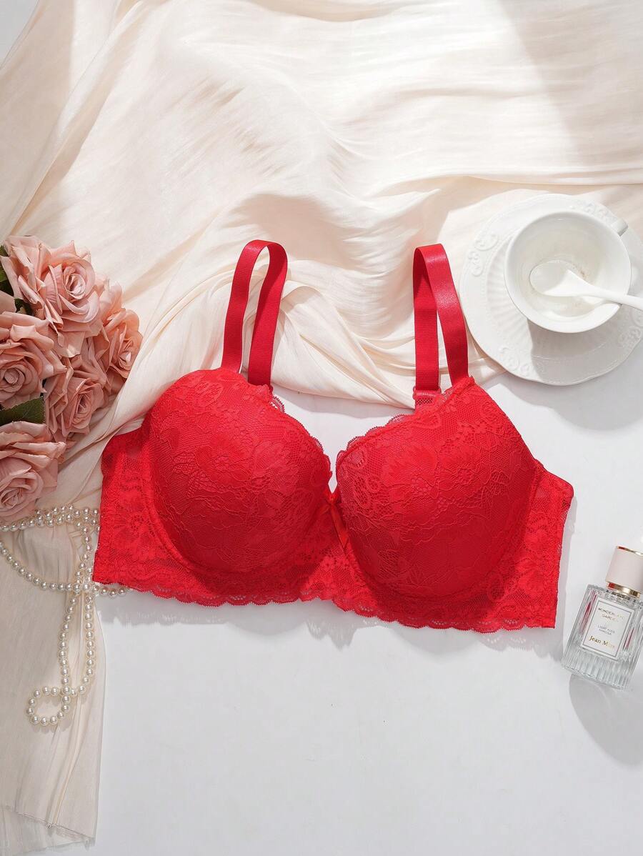 DesireSculpt Áo ngực ren trơn màu cỡ lớn, dây mảnh thanh lịch, nâng ngực - Đỏ - Xem 1