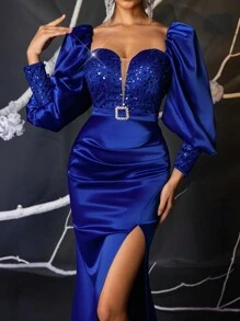 SHEIN Belle Vestido longo Azul Marinho Elegante com Mangas de Lanterna, Gola V Profunda de Tule Transparente, Splice com Paetês, Cinto, Fenda Alta Lateral, Bainha de Cauda de Sereia até o Tornozelo, para Casamentos, Ocasiões Formais, Vestido de Festa de Manga Longa, para Convidado de Casamento - Azul Royal - Visão 4