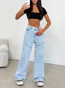 SHEIN Cottnline 100% Cotton High Waist Sewing Detailed Wideleg Jean - Light Wash - View 3