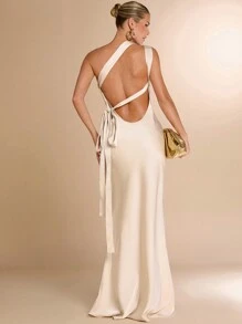 SHEIN BAE 女士杏色缎面不对称肩部镂空系带露背连衣裙，适合派对、鸡尾酒会、正式场合、浪漫约会、婚礼伴娘、秋冬季 - 杏色 - 查看 7