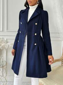 SHEIN Clasi 女式翻领长袖褶饰简约休闲双排扣羊毛大衣 - 藏蓝色 - 查看 3