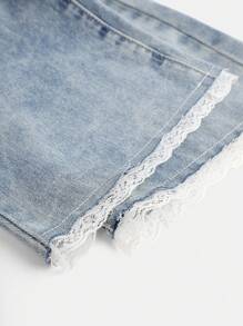 Tween Girl Casual Washed Floral Ruffle Design Wide-Leg Pants - Light Wash - View 3