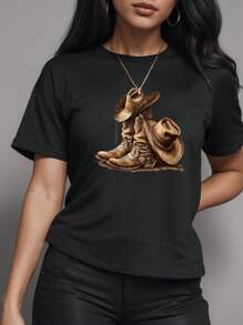 EMERY ROSE Women's Short Sleeve Cowboy Boots And Hat Print T-Shirt Casual Short Sleeve Crew Neck Top Graphic Tees Women Tops - Black - View 3