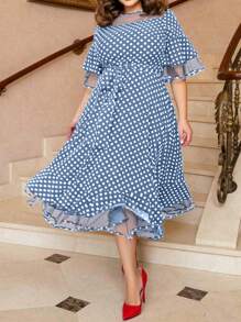 SHEIN Clasi Plus Size Mesh Contrast Polka Dot Print Short Sleeve Lace-Up Casual Dress, For Summer - Dusty Blue - View 6