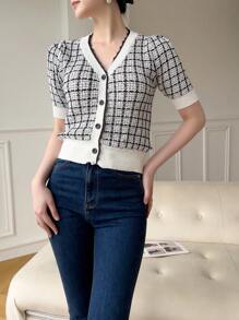 Modelyn Blusa casual con botones delanteros, manga corta, color liso y parches para mujeres - Blanco y Negro - Ver 3