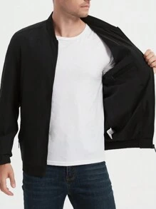 Manfinity Homme Chaqueta bomber de manga larga casual holgada con estampado de pentágono para hombres, ropa de otoño e invierno para hombres, chaqueta abrigada