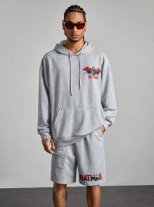 ROMWE MEN Batman X ROMWE Bộ đồ thể thao có mũ trùm đầu và quần short in chữ hoạt hình thoải mái cho nam, dáng rộng, túi Kangaroo - Xám - Xem 1