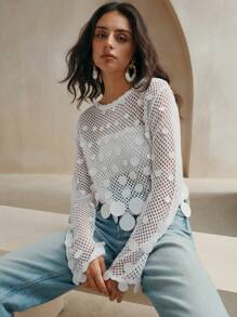 Anewsta Sweater Wanita Warna Polos Leher Bulat Lengan Panjang dengan Aplikasi Bulat Berlubang, Musim Semi dan Gugur, Pullover Rajut Musim Gugur dan Musim Dingin - Putih - View 1