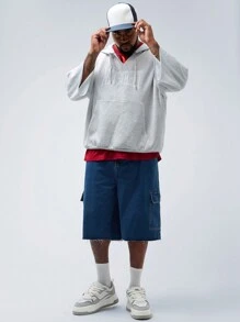 Manfinity VCAY Men's Plus Size Casual Knit Letter Printed Loose Dropped Shoulder 3/4 Sleeve Hooded Sweatshirt, For Fall Winter - Grey - View 2