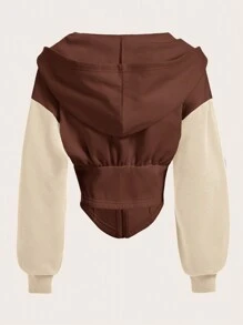 SHEIN EZwear Women Colorblock Long Sleeve Knit Sweatshirt,Long Sleeve Tops In Fall/Winter - Brown - View 2