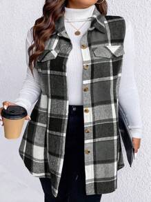 SHEIN CURVE+ Plus Size Plaid Print Flap Detail Sleeveless Buttoned Casual Coat