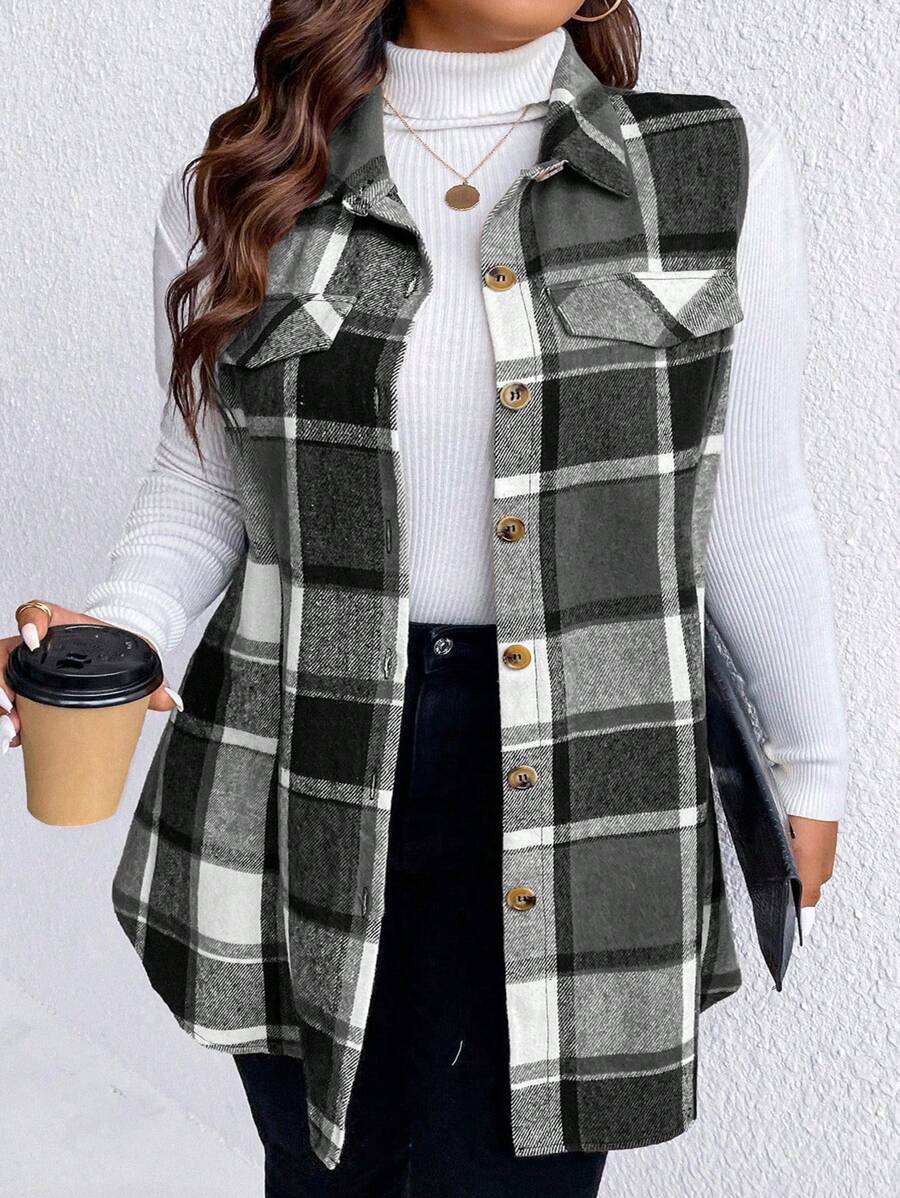 SHEIN CURVE+ Plus Size Plaid Print Flap Detail Sleeveless Buttoned Casual Coat