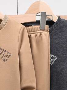 6pcs/Set Kids Boys' Casual Letter Print Graphic Crew Neck Sweatshirt And Solid Color Jogger Pants 2 Pieces Outfit, Suitable For School, Garden, Beach, Birthday, Spring, Summer, Autumn, Winter. Buy 2 Get 1 Free, Fleece, Thickened - Multicolor - View 3