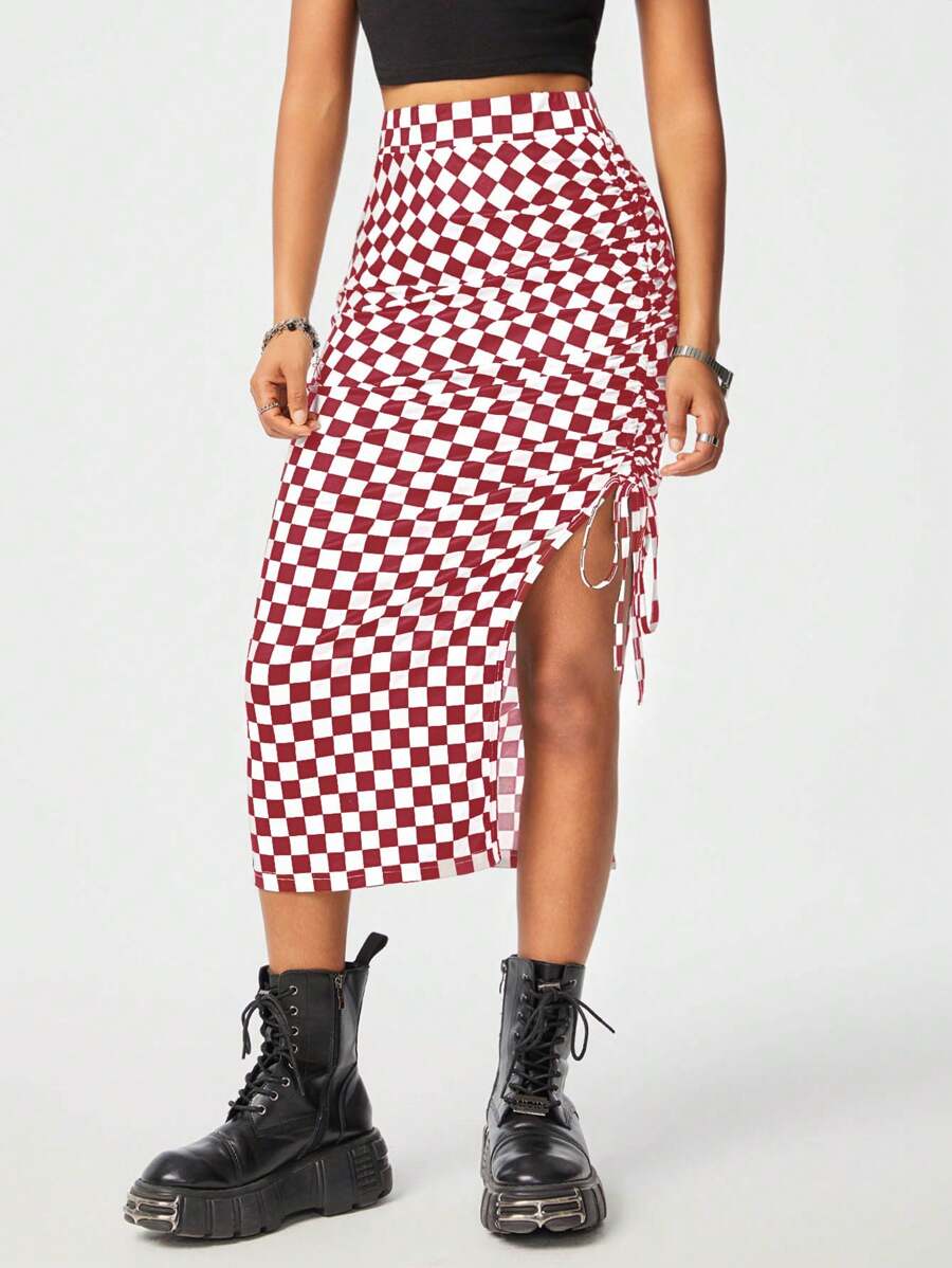 SHEIN EZwear Women's Slit Bodycon Houndstooth  Skirt, Suitable For Summer - Burgundy - View 1