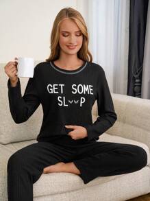 RueChic 100% Cotton 2Pcs  Slogan Printed With Contrast Stitching Detail Lounge Set - Black - View 4