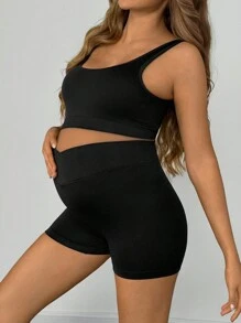 SHEIN 2pcs/Set Pregnant Women Cropped Fitted Tank Top And Legging Shorts Sports Outfit, 2 Pieces Set Black, For Maternity