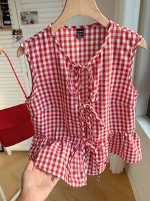 Comfortcana Blusa informal de mujer sin mangas a cuadros rojos con volantes en el bajo, blusas sin mangas