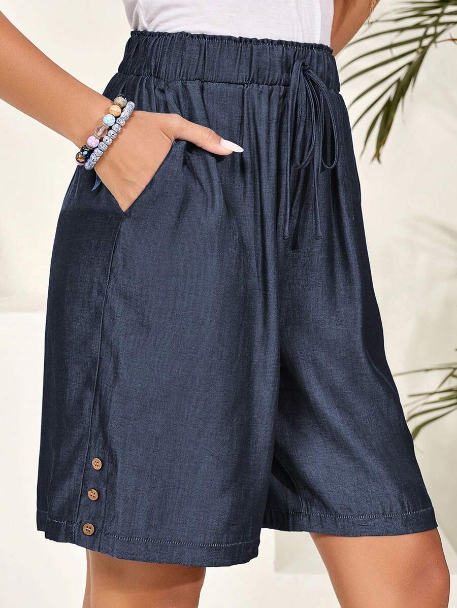 EMERY ROSE Women's Solid Color Waist Tie Pocket Loose Casual Shorts