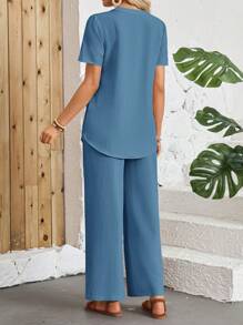 EMERY ROSE 女士夏季短袖衬衫和长套装 - 霧霾藍 - 查看 2