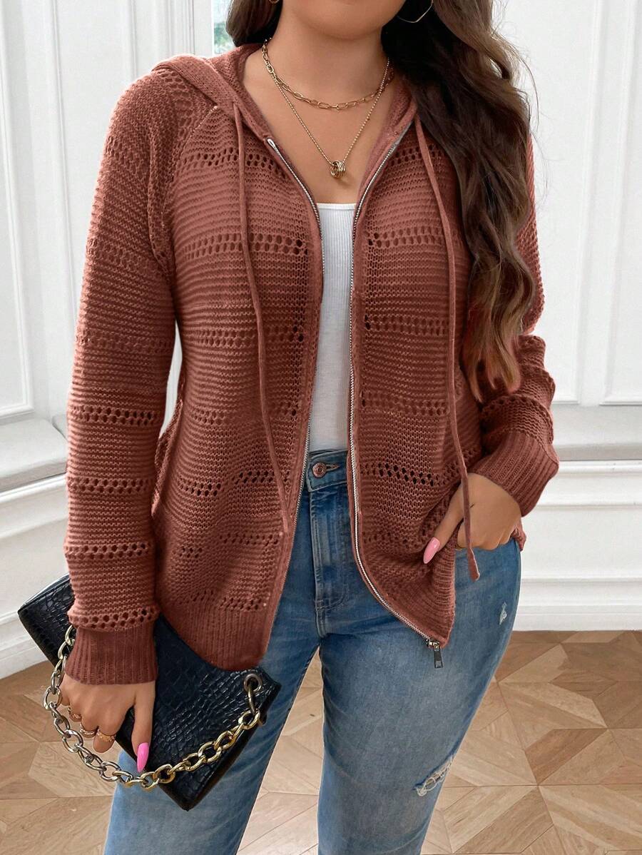 SHEIN LUNE Áo khoác cardigan tay dài raglan màu trơn cỡ lớn cho nữ, mùa thu/đông - màu nâu - Xem 1