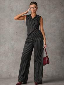 SHEIN BAE Fashionable Striped Vest And Pants Suit Women Two Pieces Sets Fall Two Pieces Sets Winter Women Clothes Business Casual Women V-Neck Asymmetric Placket Suit Vest And Striped Floor-Length Trousers Women's Suit Suitable For School And Office Outings
