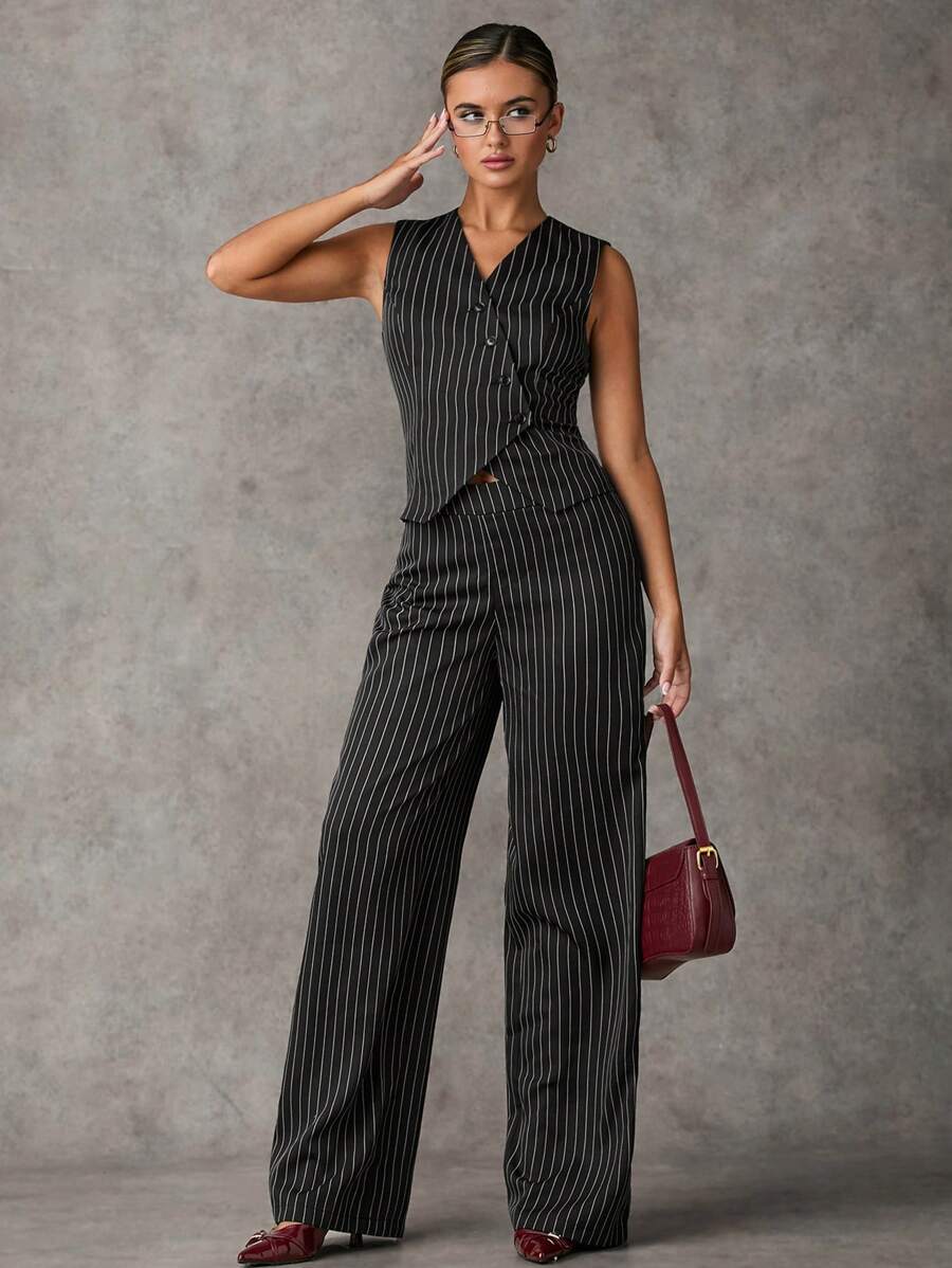 SHEIN BAE Fashionable Striped Vest And Pants Suit Women Two Pieces Sets Fall Two Pieces Sets Winter Women Clothes Business Casual Women V-Neck Asymmetric Placket Suit Vest And Striped Floor-Length Trousers Women's Suit Suitable For School And Office Outings