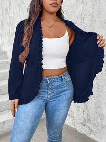 Plus Size Women's Spring & Autumn Solid Color Frill Trim Simple Blazer Graduation,Back To School,Teacher Outfits For Women Fall Cloth For Women - Navy Blue - View 6