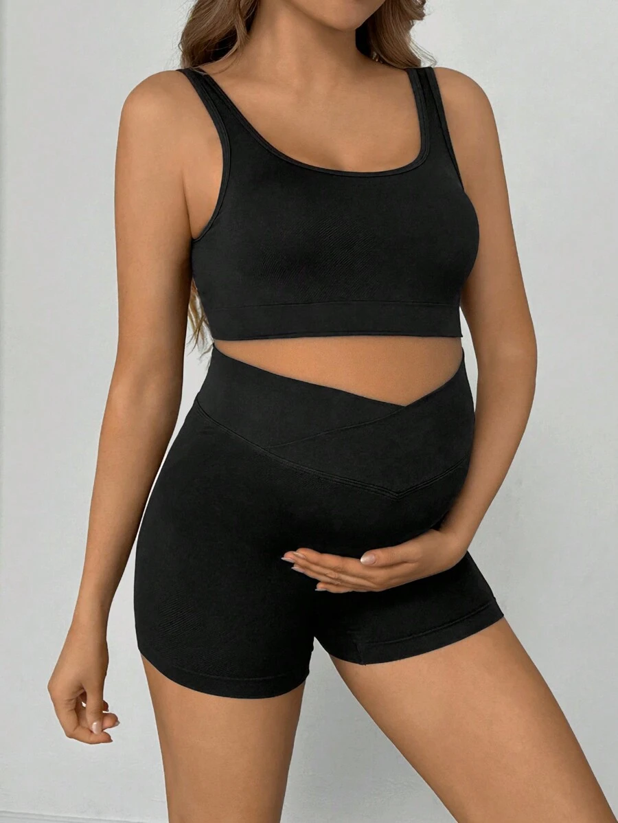 SHEIN 2pcs/Set Pregnant Women Cropped Fitted Tank Top And Legging Shorts Sports Outfit, 2 Pieces Set Black, For Maternity
