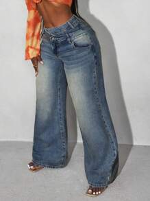 Slaydiva Women Asymmetric Waist Patch Pocket Loose Flared Leg Casual Denim Jeans - Medium Wash - View 5