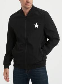 Manfinity Homme Chaqueta bomber de manga larga casual holgada con estampado de pentágono para hombres, ropa de otoño e invierno para hombres, chaqueta abrigada