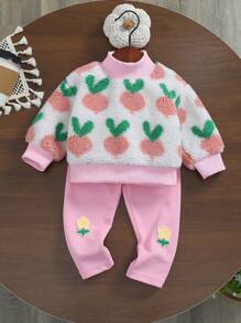 SHEIN 2 件套婴儿/宝宝女孩休闲花卉和叶子印花运动衫和裤子套装，秋冬