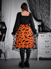Whyspr 大码万圣节撞色蝙蝠图案网眼腰部收腰连衣裙，秋装