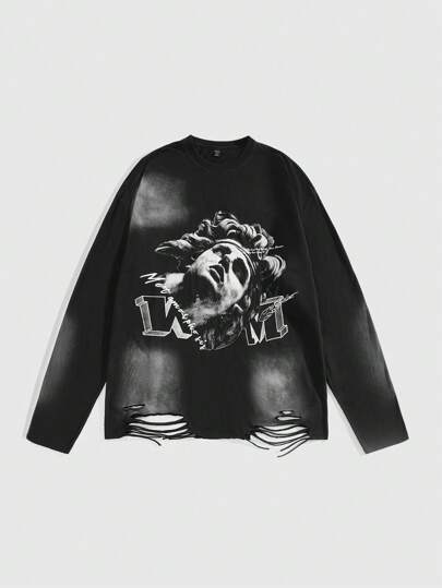 Street Life T-shirt à manches longues ample et casual pour hommes, imprimé avec lettres et chiffres, ourlet brut, printemps/été