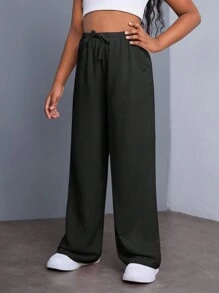 SHEIN Pantalones anchos de pierna ancha sólidos cómodos informales para niña preadolescente - Negro - Ver 4