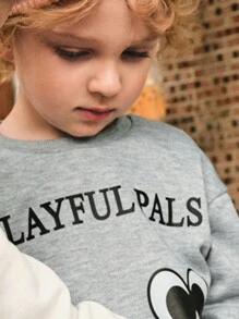 SHEIN Set de 2 piezas con estampado gráfico de expresión graciosa, retro, casual, vuelta al colegio, adecuado tanto para niños como para niñas, apropiado para juegos en casa o al aire libre - Gris - Ver 3