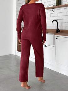 EURMUSE 100% Cotton Women's Spring & Summer Letter Print Drop Shoulder Top And Pants Loungewear Set - Burgundy - View 2