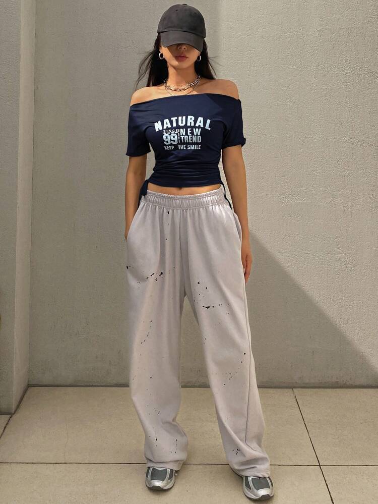 1pc Women's Letter Print Asymmetric Collar Short Sleeve T-Shirt, Sportswear,Crop Tops Women,Graphic Tees Off Shoulder Top