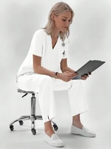 TaskEZ 1set Women Nurse Uniform Scrub Set With 1 Pocket V-Neck Top + 4 Pockets Drawstring Back Elastic Pants Set - White - View 4