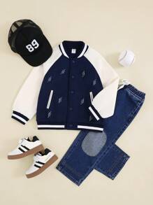 SHEIN Young Boys' Lightning Embroidery Inset-Sleeve Blue Sports Casual Outdoor Athletic Baseball Jacket, Suitable For Autumn/Winter - Blue - View 9