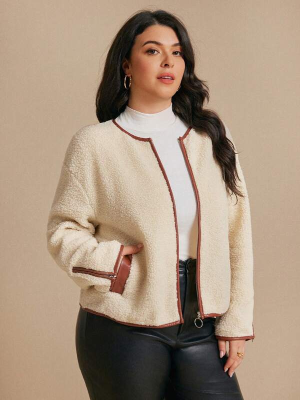 Elaquor Plus Size Apricot PU Patchwork Zip-Up Jacket With Pockets, Winter