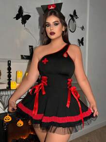 Fantasy Costume Trang phục buộc dây vai bất đối xứng cắt khối màu cỡ lớn (Váy & Mũ đội đầu), Halloween - màu đen - Xem 3